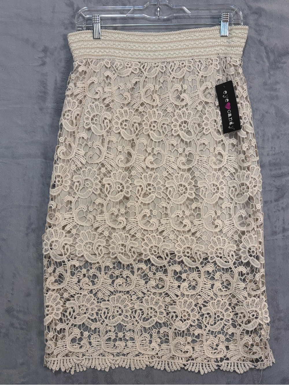 Eye Candy Cream Lace Midi Skirt NWT Size XL Crochet Boho Smocked High Waist
